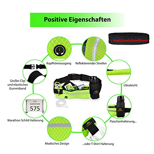 Mesh Gelb-Neon | Lucky Humans Laufgürtel Sport | Joggen & Laufen mit Handy-Tasche | Damen & Herren Bauchtasche mit Flaschen & Handy-Halterung | Trinkgürtel Running & Walking Belt