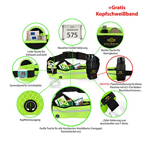 Mesh Gelb-Neon | Lucky Humans Laufgürtel Sport | Joggen & Laufen mit Handy-Tasche | Damen & Herren Bauchtasche mit Flaschen & Handy-Halterung | Trinkgürtel Running & Walking Belt