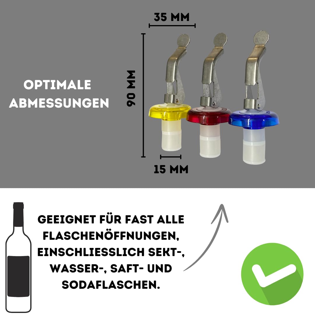 Universal Flaschenverschluss | Verschlüsse für Sekt, Wein, Bier uvm. | Hebelverschluss für dichten Halt | Wiederverwendbar und langlebig | Ideal für Haushalt, Picknicks und Partys | 3er-Set | Bunt