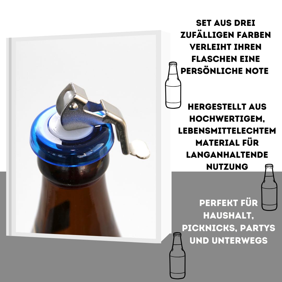 Universal Flaschenverschluss | Verschlüsse für Sekt, Wein, Bier uvm. | Hebelverschluss für dichten Halt | Wiederverwendbar und langlebig | Ideal für Haushalt, Picknicks und Partys | 3er-Set | Bunt