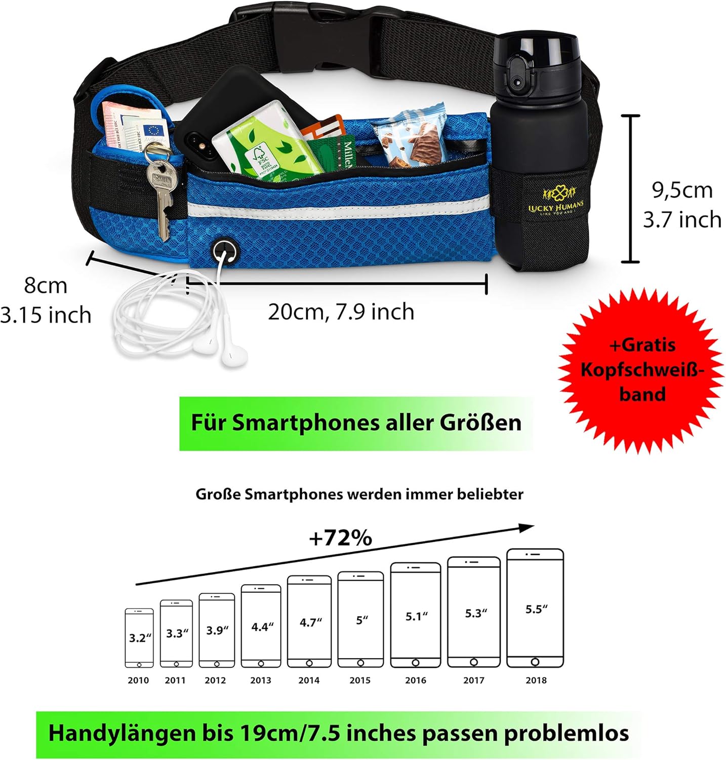 Mesh Blau | Lucky Humans Laufgürtel Sport | Joggen & Laufen mit Handy-Tasche | Damen & Herren Bauchtasche mit Flaschen & Handy-Halterung | Trinkgürtel Running & Walking Belt