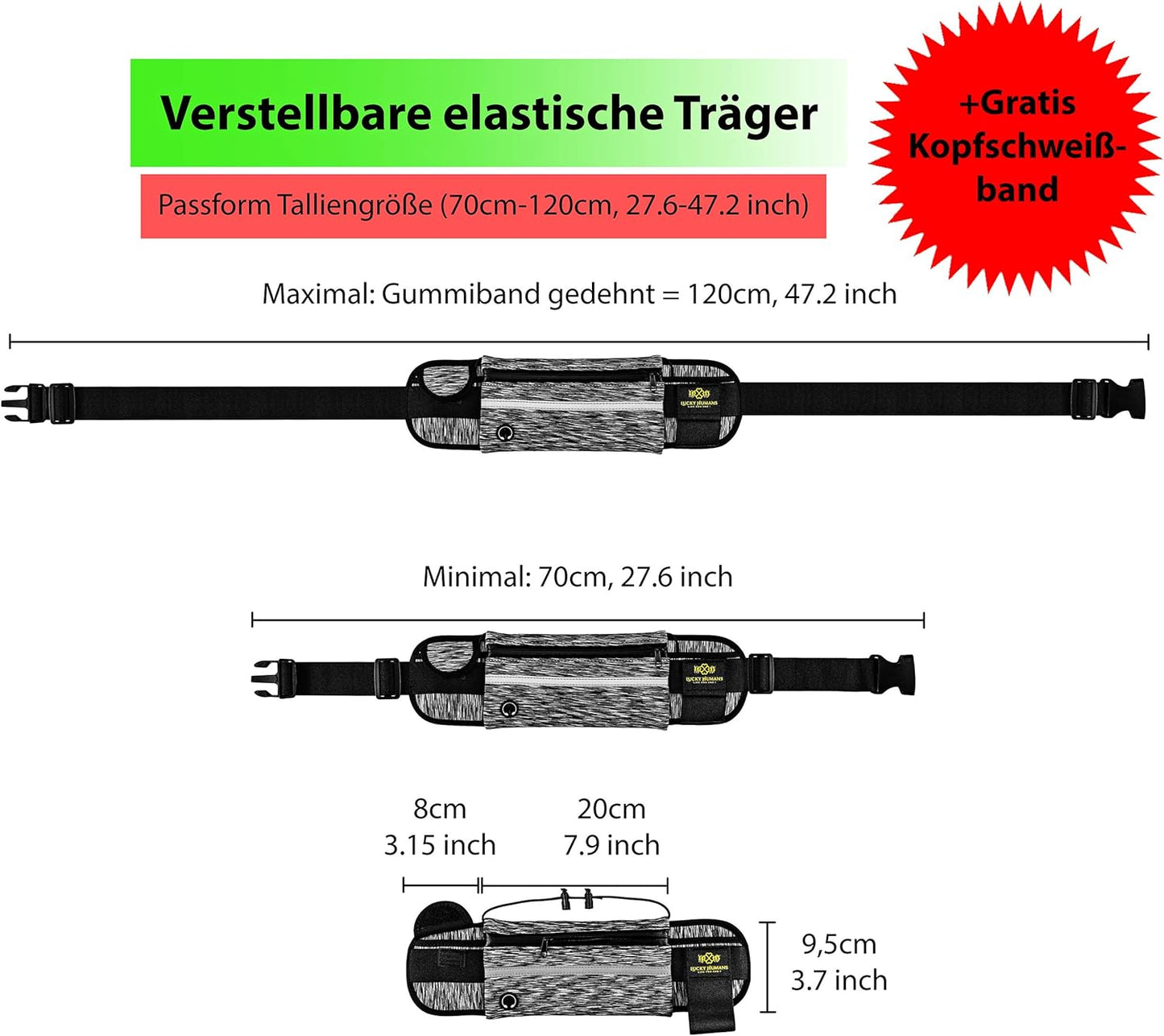 Camouflage Schwarz | Lucky Humans Laufgürtel Sport | Joggen & Laufen mit Handy-Tasche | Damen & Herren Bauchtasche mit Flaschen & Handy-Halterung | Trinkgürtel Running & Walking Belt