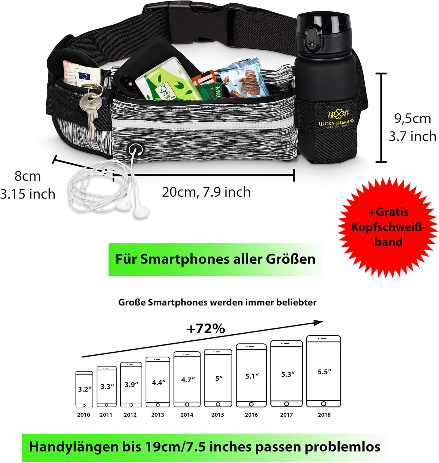 Camouflage Schwarz | Lucky Humans Laufgürtel Sport | Joggen & Laufen mit Handy-Tasche | Damen & Herren Bauchtasche mit Flaschen & Handy-Halterung | Trinkgürtel Running & Walking Belt