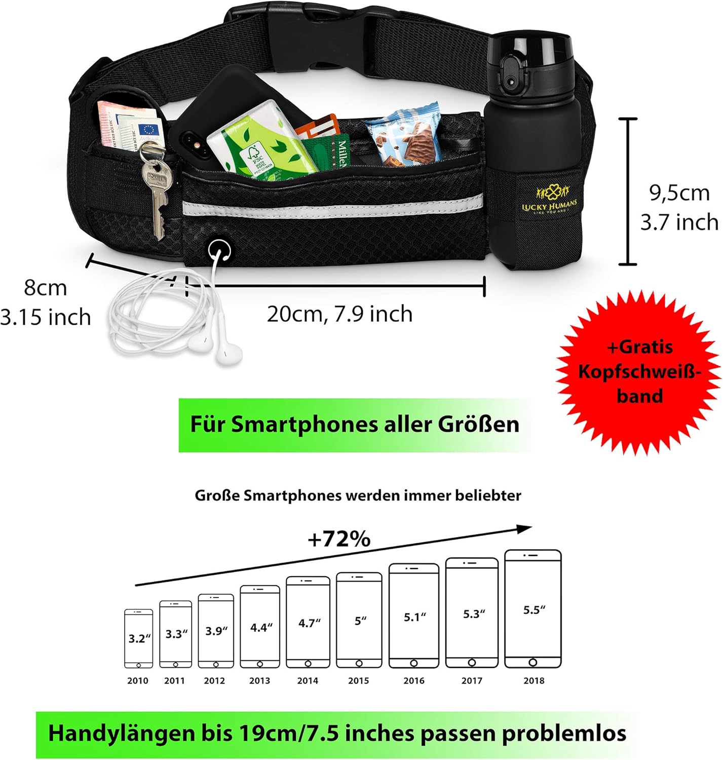 Camouflage Rosa | Lucky Humans Laufgürtel Sport | Joggen & Laufen mit Handy-Tasche | Damen & Herren Bauchtasche mit Flaschen & Handy-Halterung | Trinkgürtel Running & Walking Belt