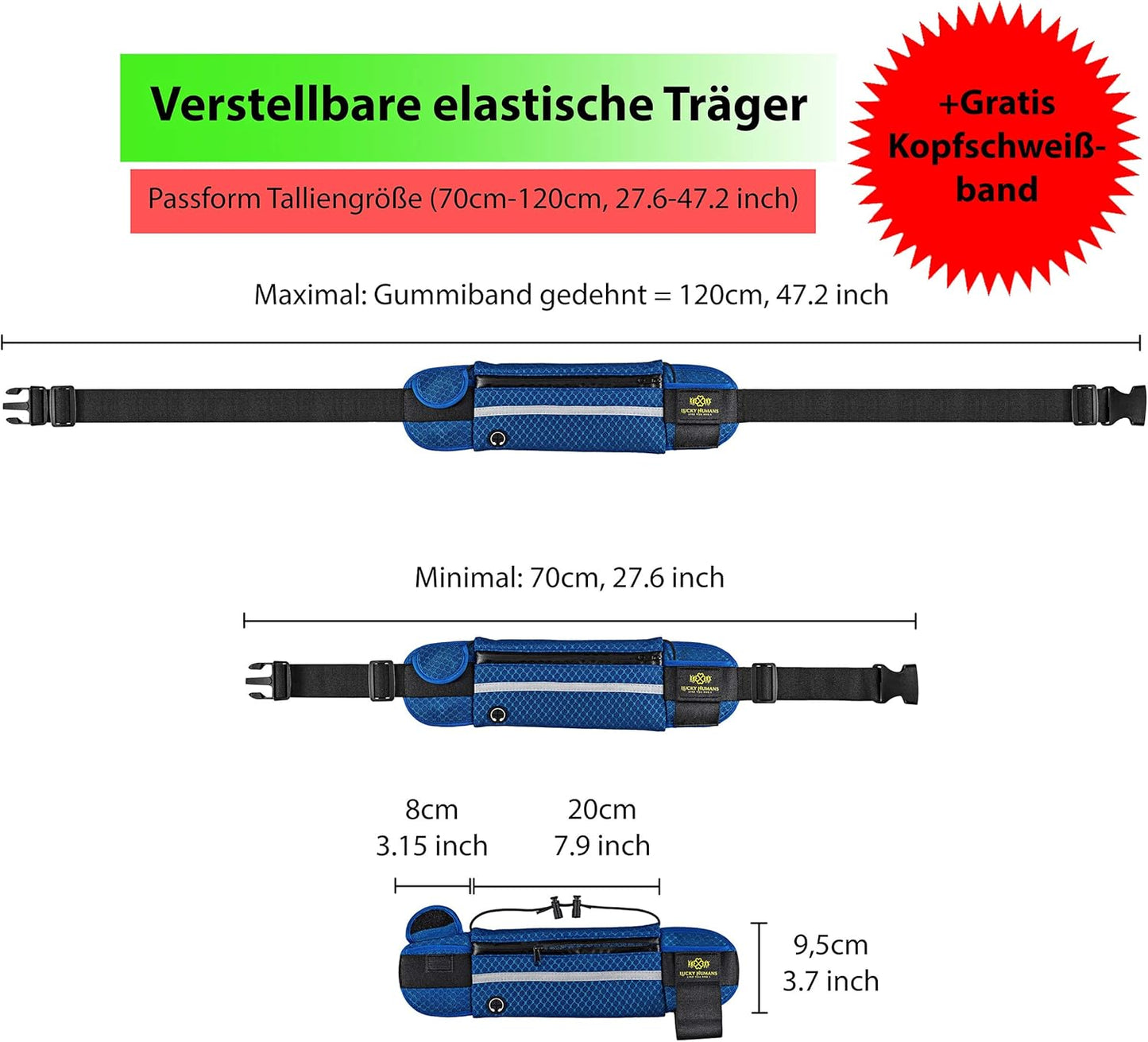 Mesh Blau | Lucky Humans Laufgürtel Sport | Joggen & Laufen mit Handy-Tasche | Damen & Herren Bauchtasche mit Flaschen & Handy-Halterung | Trinkgürtel Running & Walking Belt