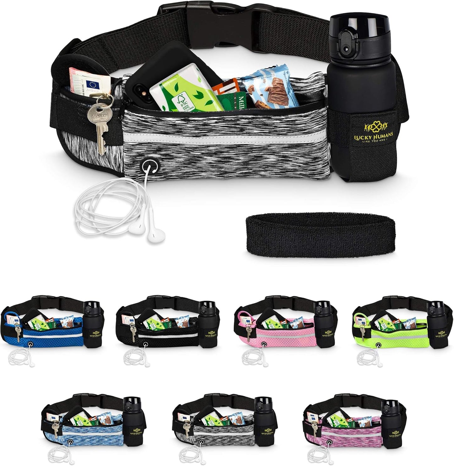 Camouflage Schwarz | Lucky Humans Laufgürtel Sport | Joggen & Laufen mit Handy-Tasche | Damen & Herren Bauchtasche mit Flaschen & Handy-Halterung | Trinkgürtel Running & Walking Belt