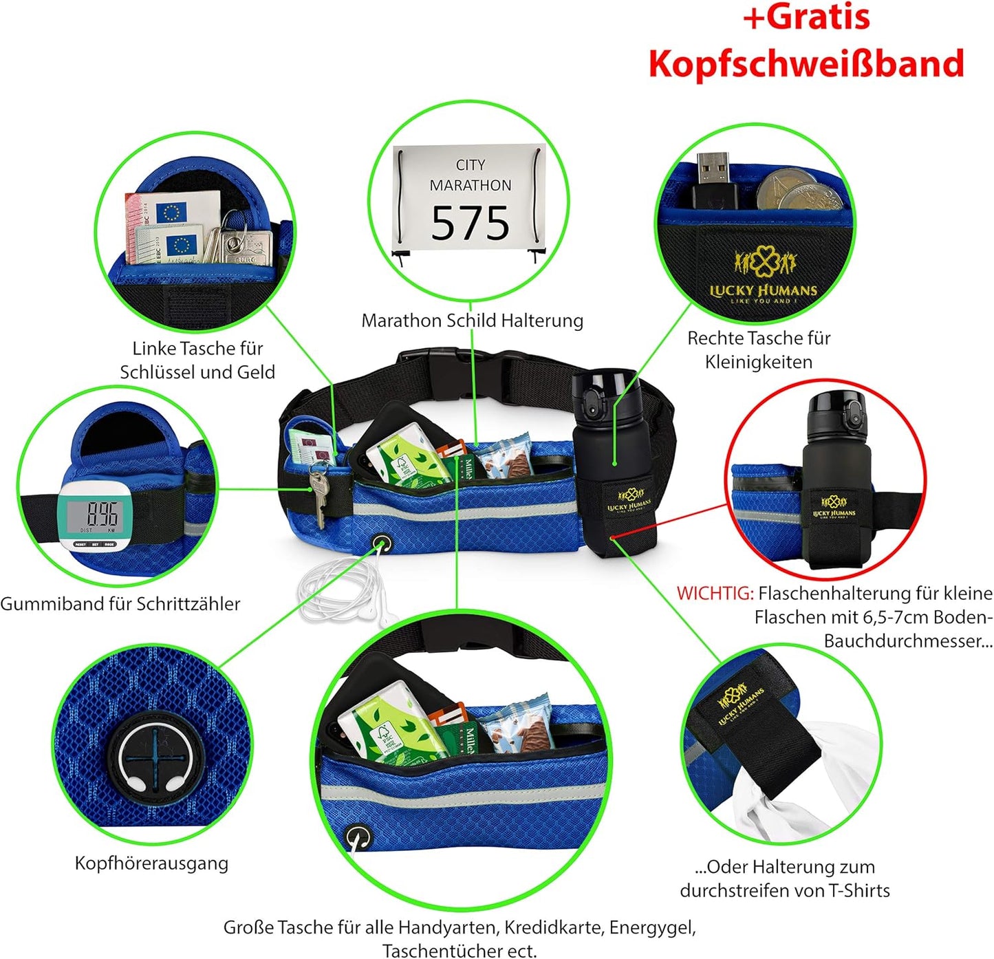 Mesh Blau | Lucky Humans Laufgürtel Sport | Joggen & Laufen mit Handy-Tasche | Damen & Herren Bauchtasche mit Flaschen & Handy-Halterung | Trinkgürtel Running & Walking Belt