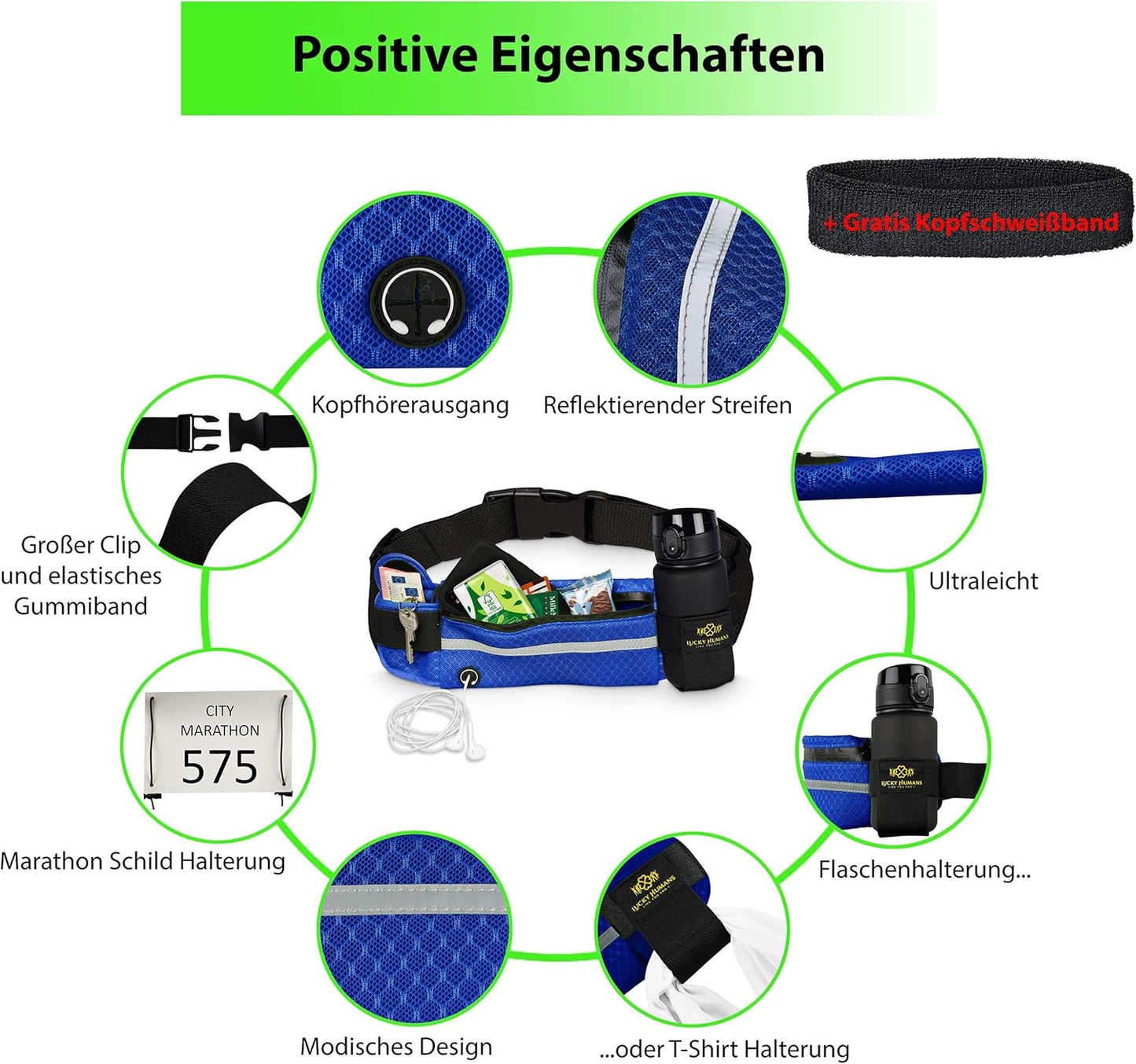 Mesh Blau | Lucky Humans Laufgürtel Sport | Joggen & Laufen mit Handy-Tasche | Damen & Herren Bauchtasche mit Flaschen & Handy-Halterung | Trinkgürtel Running & Walking Belt
