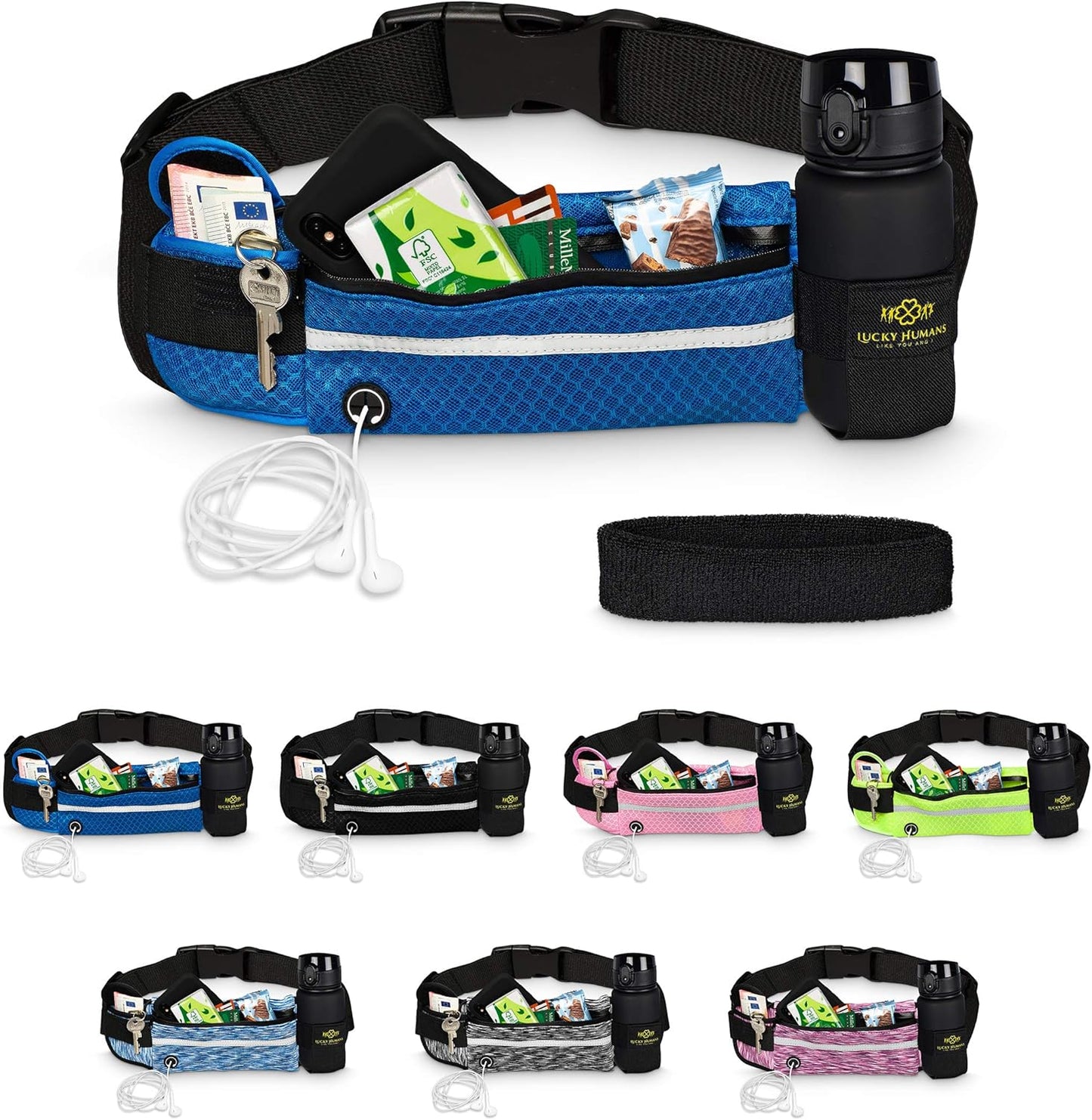 Mesh Blau | Lucky Humans Laufgürtel Sport | Joggen & Laufen mit Handy-Tasche | Damen & Herren Bauchtasche mit Flaschen & Handy-Halterung | Trinkgürtel Running & Walking Belt