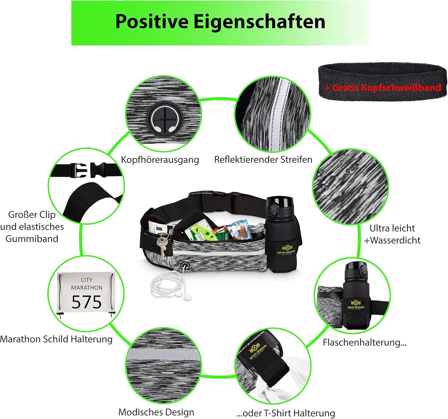 Camouflage Schwarz | Lucky Humans Laufgürtel Sport | Joggen & Laufen mit Handy-Tasche | Damen & Herren Bauchtasche mit Flaschen & Handy-Halterung | Trinkgürtel Running & Walking Belt