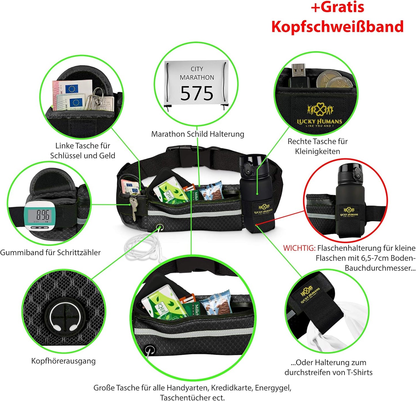 Mesh Schwarz | Lucky Humans Laufgürtel Sport | Joggen & Laufen mit Handy-Tasche | Damen & Herren Bauchtasche mit Flaschen & Handy-Halterung | Trinkgürtel Running & Walking Belt