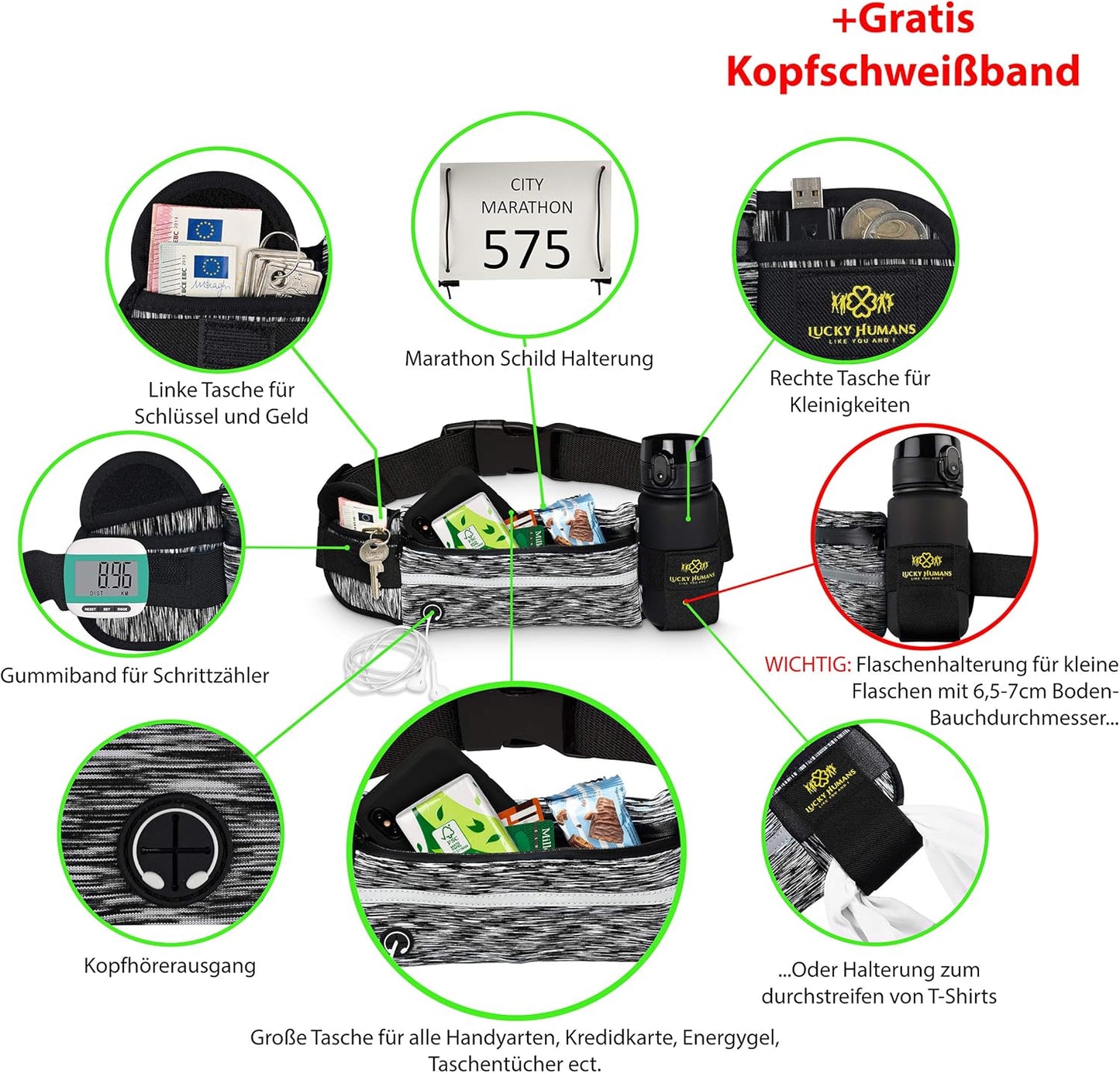 Camouflage Schwarz | Lucky Humans Laufgürtel Sport | Joggen & Laufen mit Handy-Tasche | Damen & Herren Bauchtasche mit Flaschen & Handy-Halterung | Trinkgürtel Running & Walking Belt