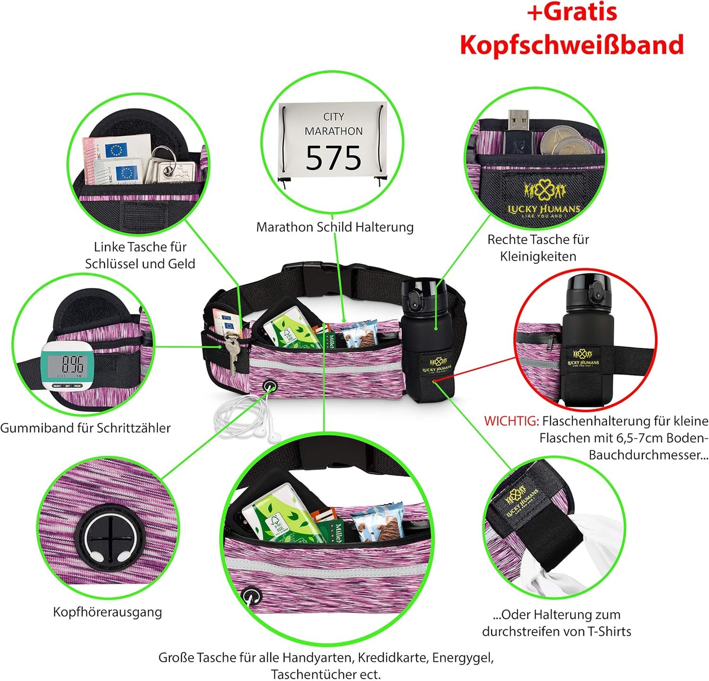 Camouflage Rosa | Lucky Humans Laufgürtel Sport | Joggen & Laufen mit Handy-Tasche | Damen & Herren Bauchtasche mit Flaschen & Handy-Halterung | Trinkgürtel Running & Walking Belt