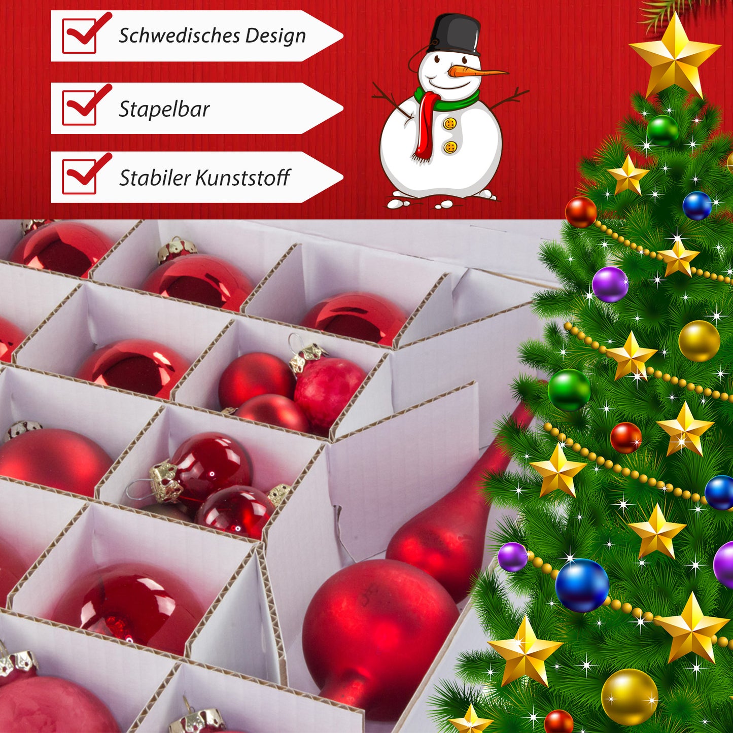 Quality Collection Weihnachtskugeln-Aufbewahrungsbox mit Deckel | 61 Liter | 79 Weihnachtskugeln | Christbaumschmuck und Deko | BPA-frei