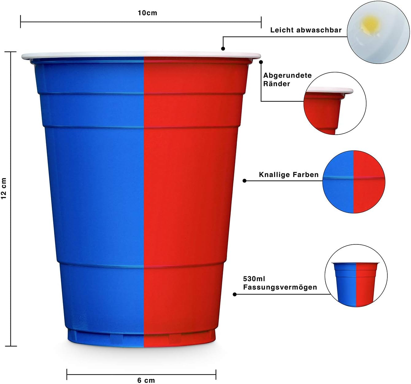 [50+150]Premium Mehrweg Plastikbecher Trinkbecher Set | 25 rote+ 25 blaue Becher + 150 Etiketten 530 ml für Geburtstage und Hochzeiten Beer Pong Becher Red Cups Trinkspiel Party-Becher