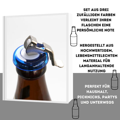 Universal Flaschenverschluss | Verschlüsse für Sekt, Wein, Bier uvm. | Hebelverschluss für dichten Halt | Wiederverwendbar und langlebig | Ideal für Haushalt, Picknicks und Partys | 3er-Set | Bunt