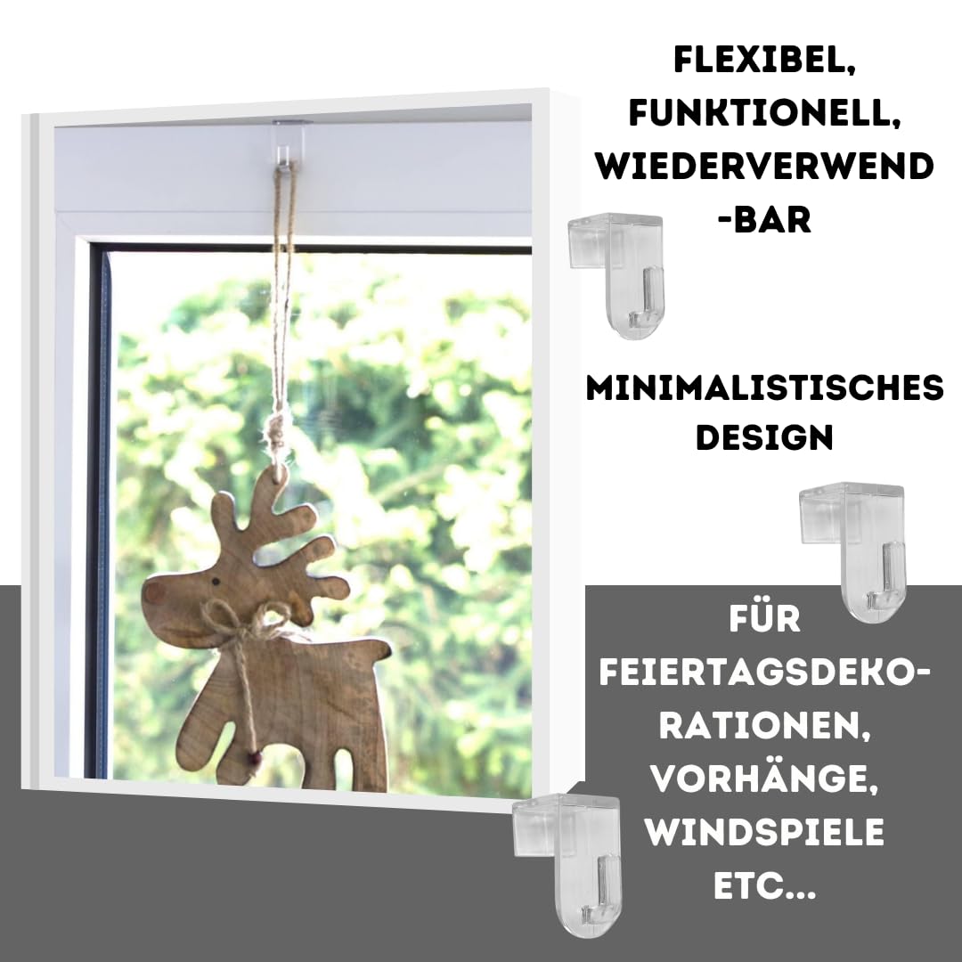 Fensterhaken | Dekohaken - Aufhänger | Transparent | 20er-Set | Für Fenster bis maximal 17 mm Falzmaß geeignet | Optimal für Ihre Fensterdeko | 35 x 20 mm
