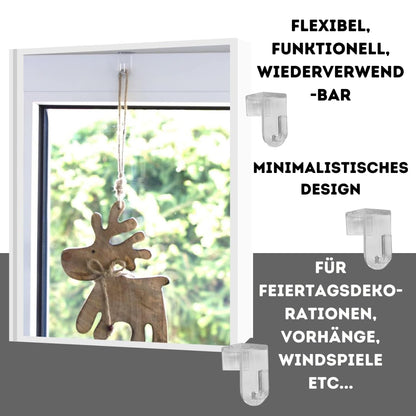 Fensterhaken | Dekohaken - Aufhänger | Transparent | 20er-Set | Für Fenster bis maximal 17 mm Falzmaß geeignet | Optimal für Ihre Fensterdeko | 35 x 20 mm