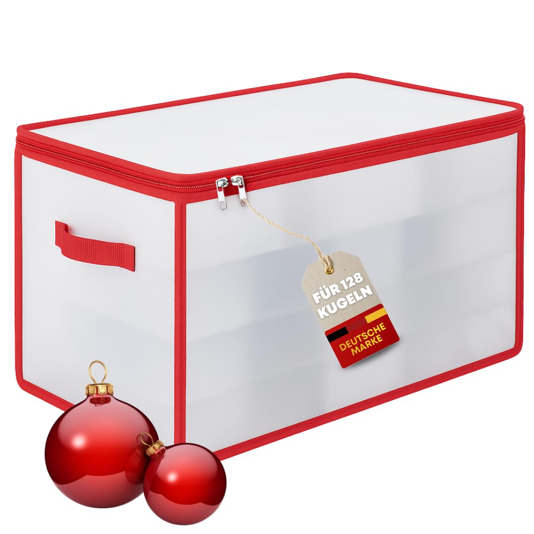 Faltbox XL für Weihnachtskugeln, weiß mit rotem Rand, geschlossen
