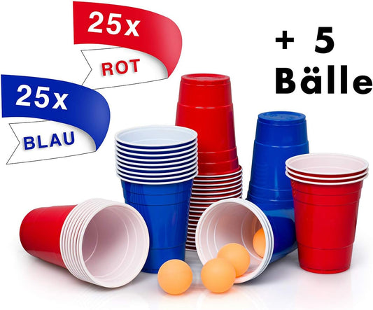 Lucky Humans® Beer Pong Becher Set | 50 Premium Red & Blue Cups (25 rot + 25 blau) | XXL 530 ml | Ideal für Festival, Pool-Party & Bierpong-Tisch | Wiederverwendbare Partybecher | Spülmaschinenfest