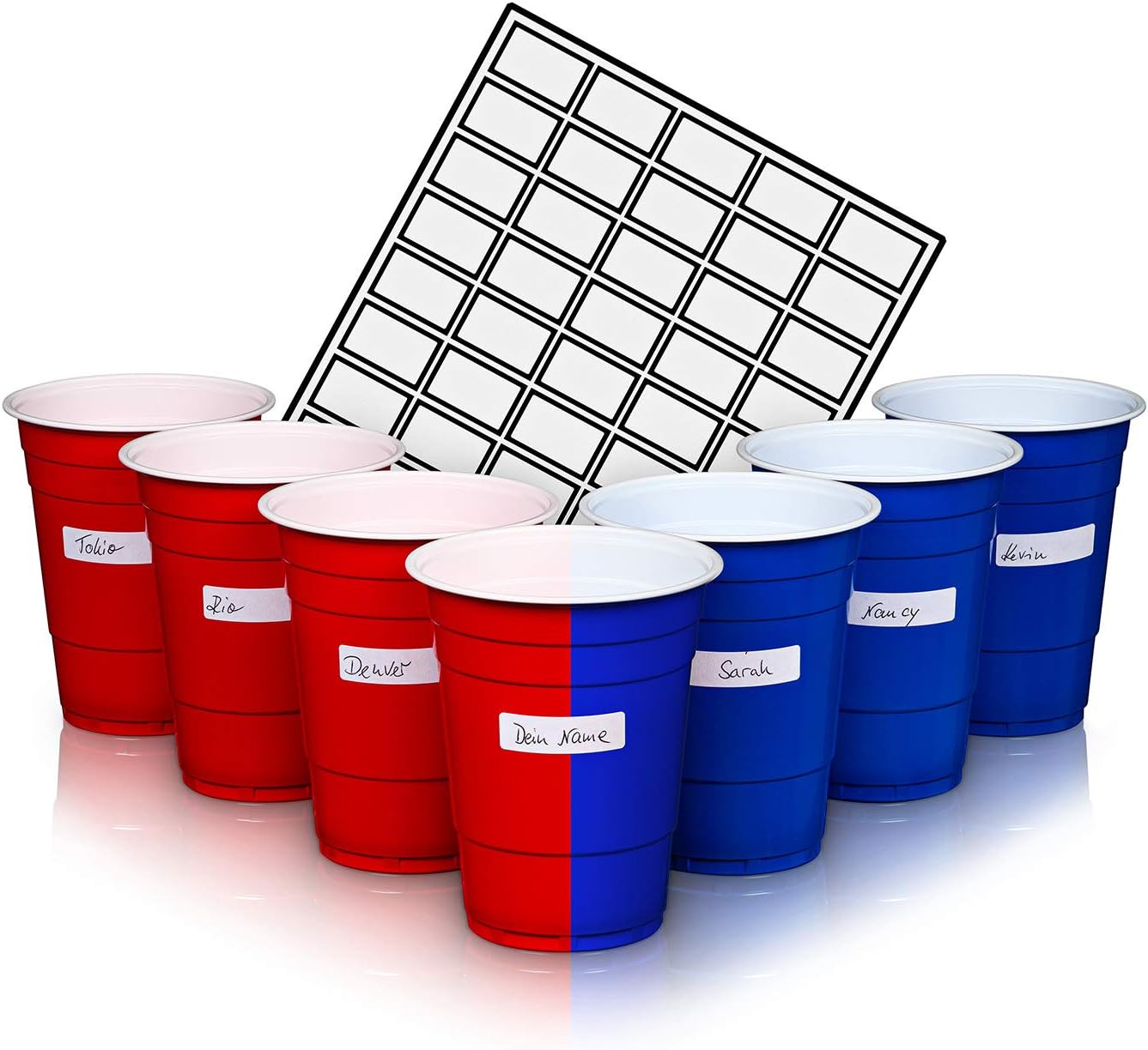 [50+150]Premium Mehrweg Plastikbecher Trinkbecher Set | 25 rote+ 25 blaue Becher + 150 Etiketten 530 ml für Geburtstage und Hochzeiten Beer Pong Becher Red Cups Trinkspiel Party-Becher