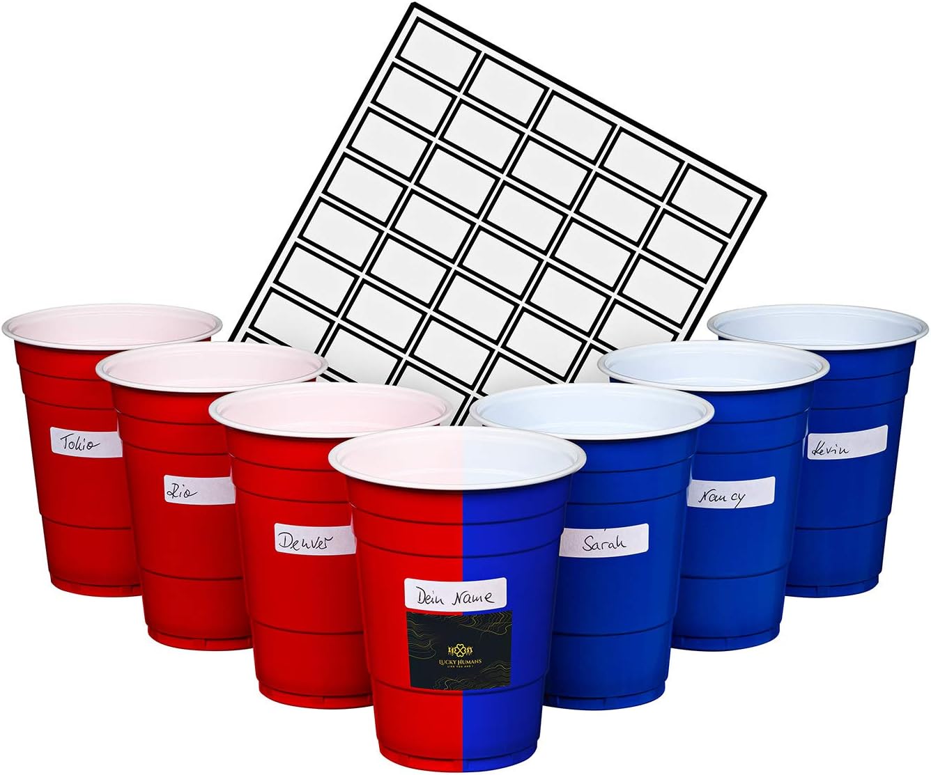 [50+150]Premium Mehrweg Plastikbecher Trinkbecher Set | 25 rote+ 25 blaue Becher + 150 Etiketten 530 ml für Geburtstage und Hochzeiten Beer Pong Becher Red Cups Trinkspiel Party-Becher