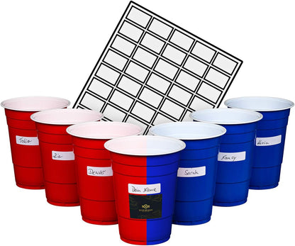 [50+150]Premium Mehrweg Plastikbecher Trinkbecher Set | 25 rote+ 25 blaue Becher + 150 Etiketten 530 ml für Geburtstage und Hochzeiten Beer Pong Becher Red Cups Trinkspiel Party-Becher