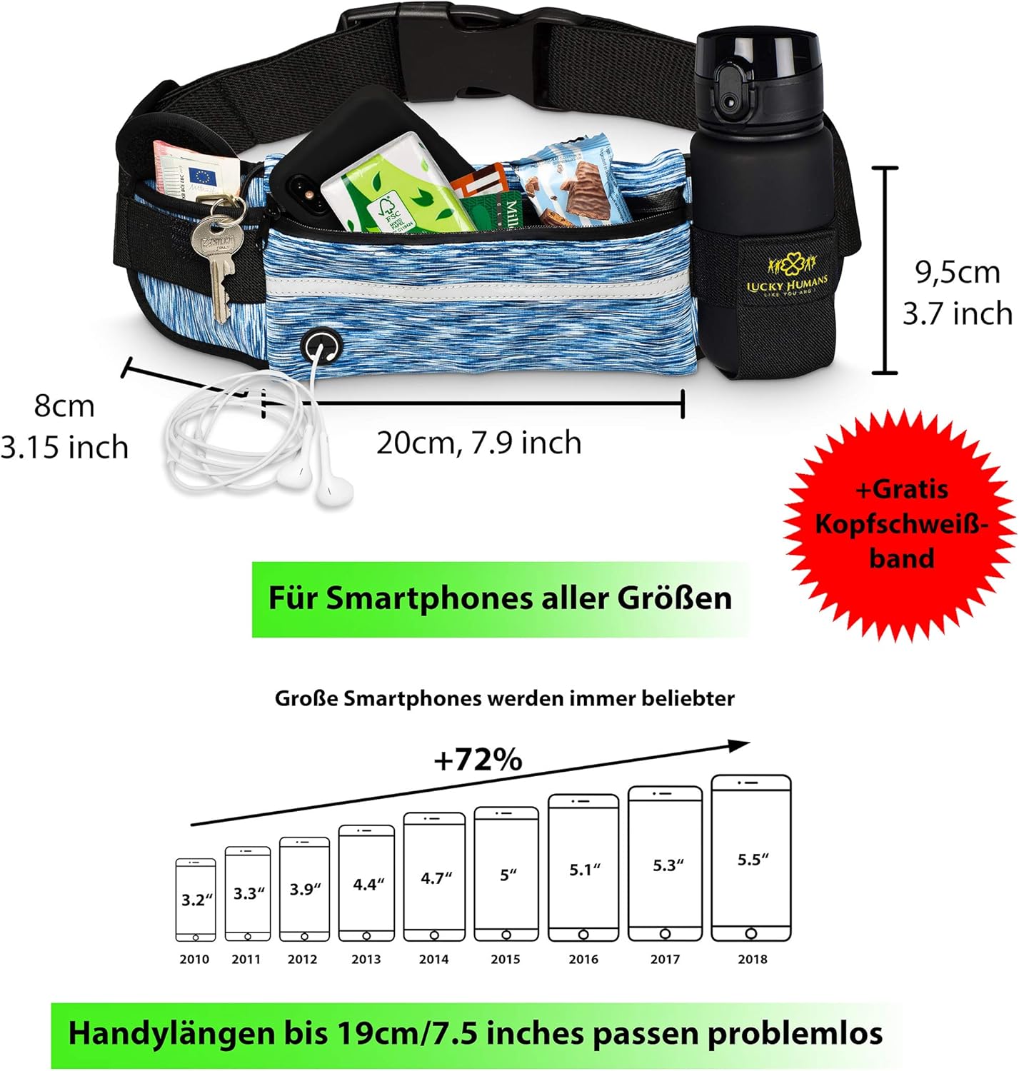 Camouflage Blau | Lucky Humans Laufgürtel Sport | Joggen & Laufen mit Handy-Tasche | Damen & Herren Bauchtasche mit Flaschen & Handy-Halterung | Trinkgürtel Running & Walking Belt