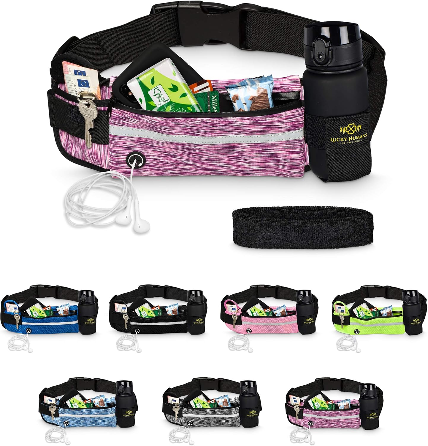 Camouflage Rosa | Lucky Humans Laufgürtel Sport | Joggen & Laufen mit Handy-Tasche | Damen & Herren Bauchtasche mit Flaschen & Handy-Halterung | Trinkgürtel Running & Walking Belt