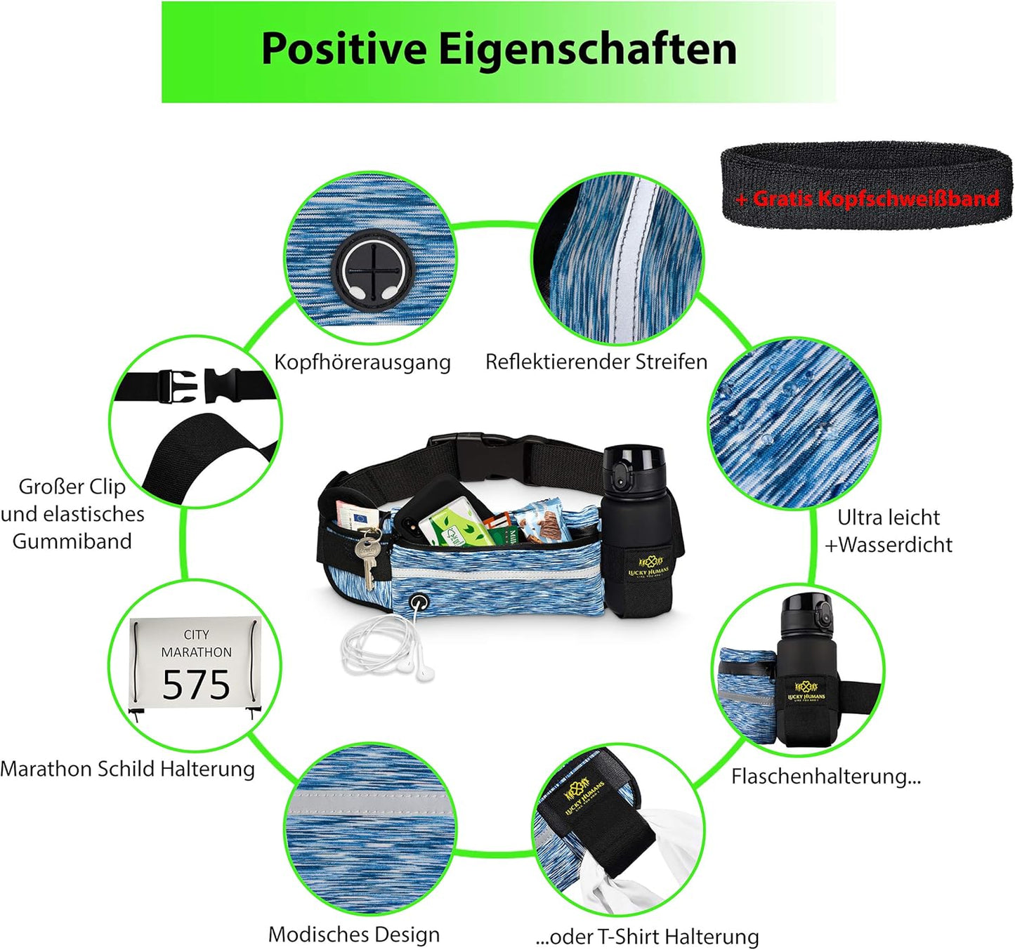 Camouflage Blau | Lucky Humans Laufgürtel Sport | Joggen & Laufen mit Handy-Tasche | Damen & Herren Bauchtasche mit Flaschen & Handy-Halterung | Trinkgürtel Running & Walking Belt