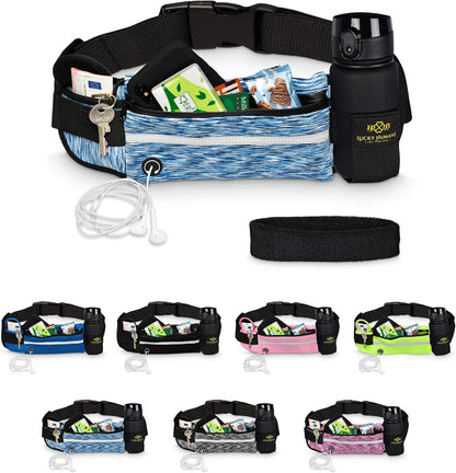 Camouflage Blau | Lucky Humans Laufgürtel Sport | Joggen & Laufen mit Handy-Tasche | Damen & Herren Bauchtasche mit Flaschen & Handy-Halterung | Trinkgürtel Running & Walking Belt