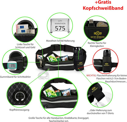 Mesh Schwarz | Lucky Humans Laufgürtel Sport | Joggen & Laufen mit Handy-Tasche | Damen & Herren Bauchtasche mit Flaschen & Handy-Halterung | Trinkgürtel Running & Walking Belt