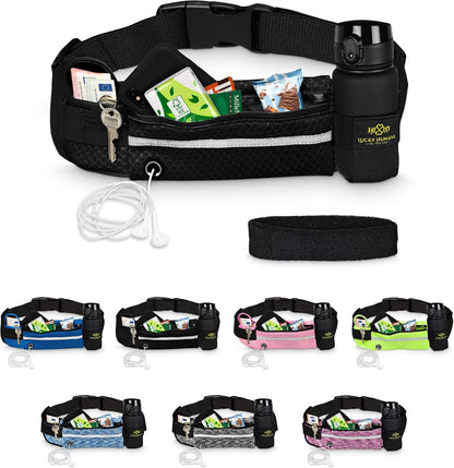Mesh Schwarz | Lucky Humans Laufgürtel Sport | Joggen & Laufen mit Handy-Tasche | Damen & Herren Bauchtasche mit Flaschen & Handy-Halterung | Trinkgürtel Running & Walking Belt